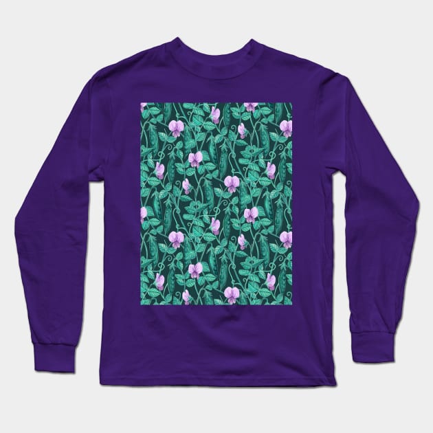 Fresh Garden Pea Floral on Dark Green Long Sleeve T-Shirt by micklyn